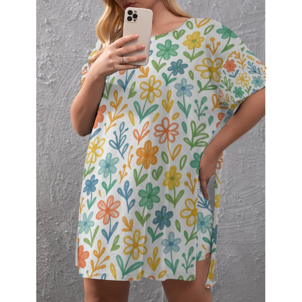 All-Over Print Women's Drop-Shoulder T-Shirt with Side Split and Shorts (Plus Size)