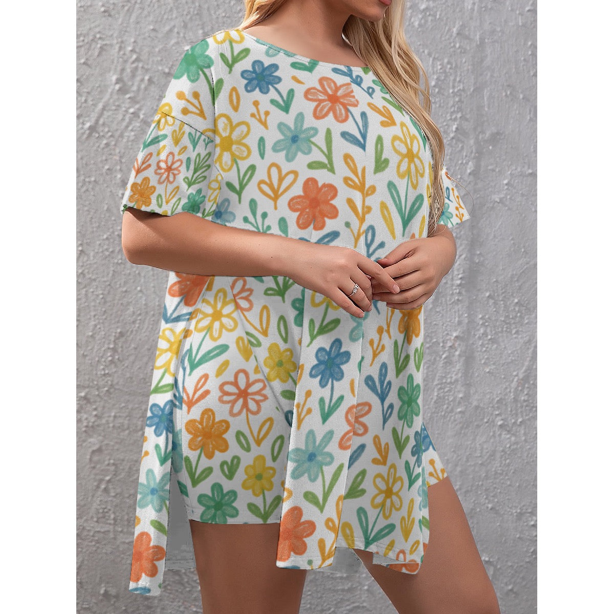 All-Over Print Women's Drop-Shoulder T-Shirt with Side Split and Shorts (Plus Size)