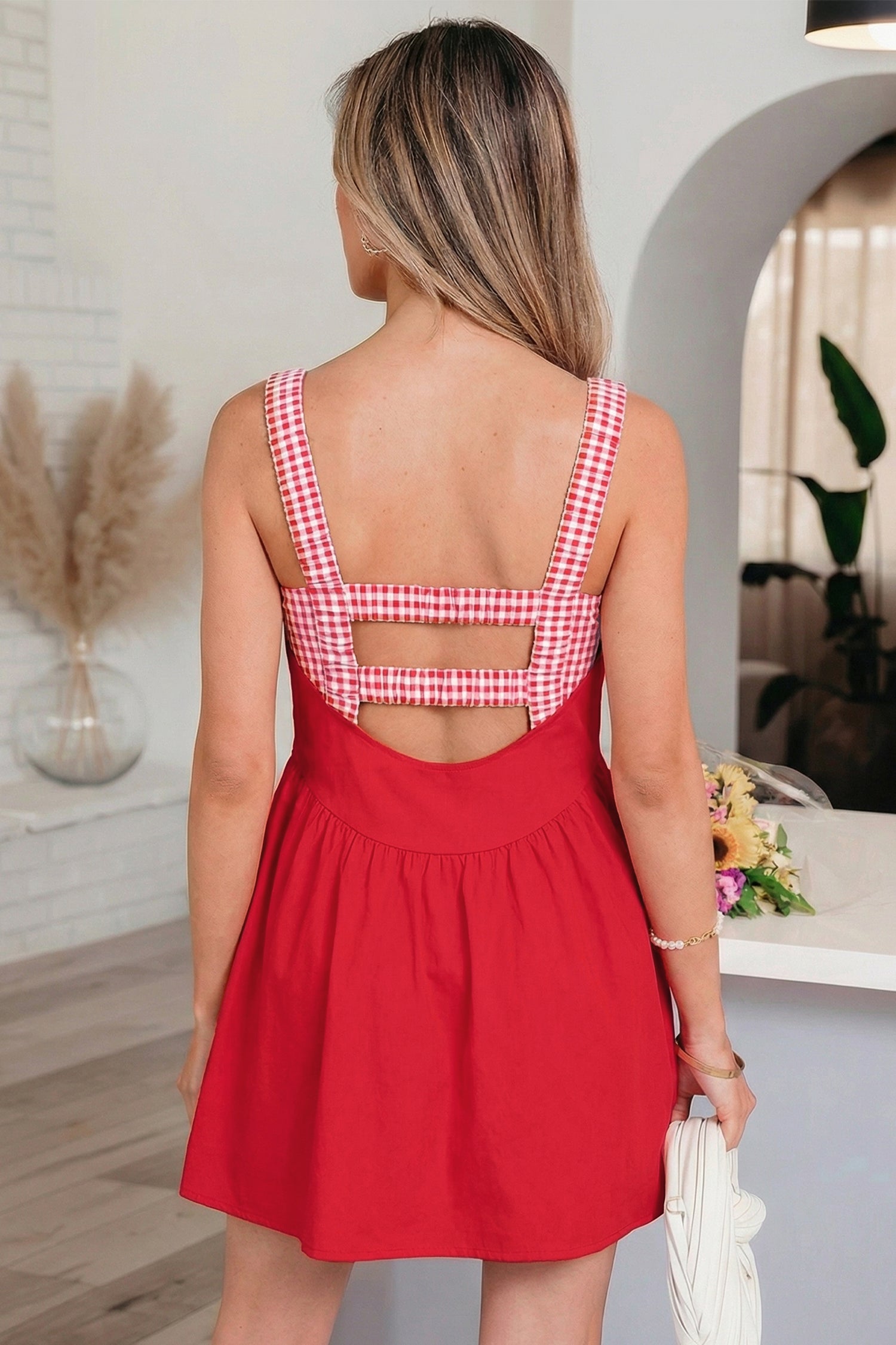 Racing Red Faux Two Piece Gingham Contrast Patchwork Loose Mini Dress