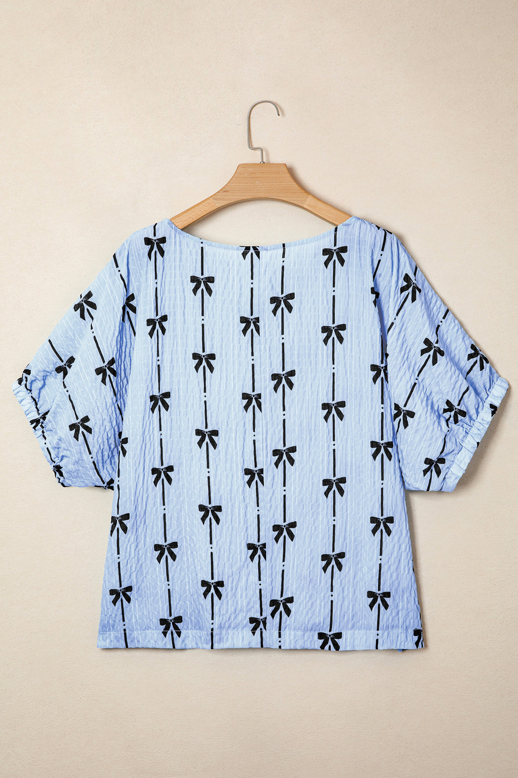 Beige Bow Print Striped Puff Short Sleeve Blouse