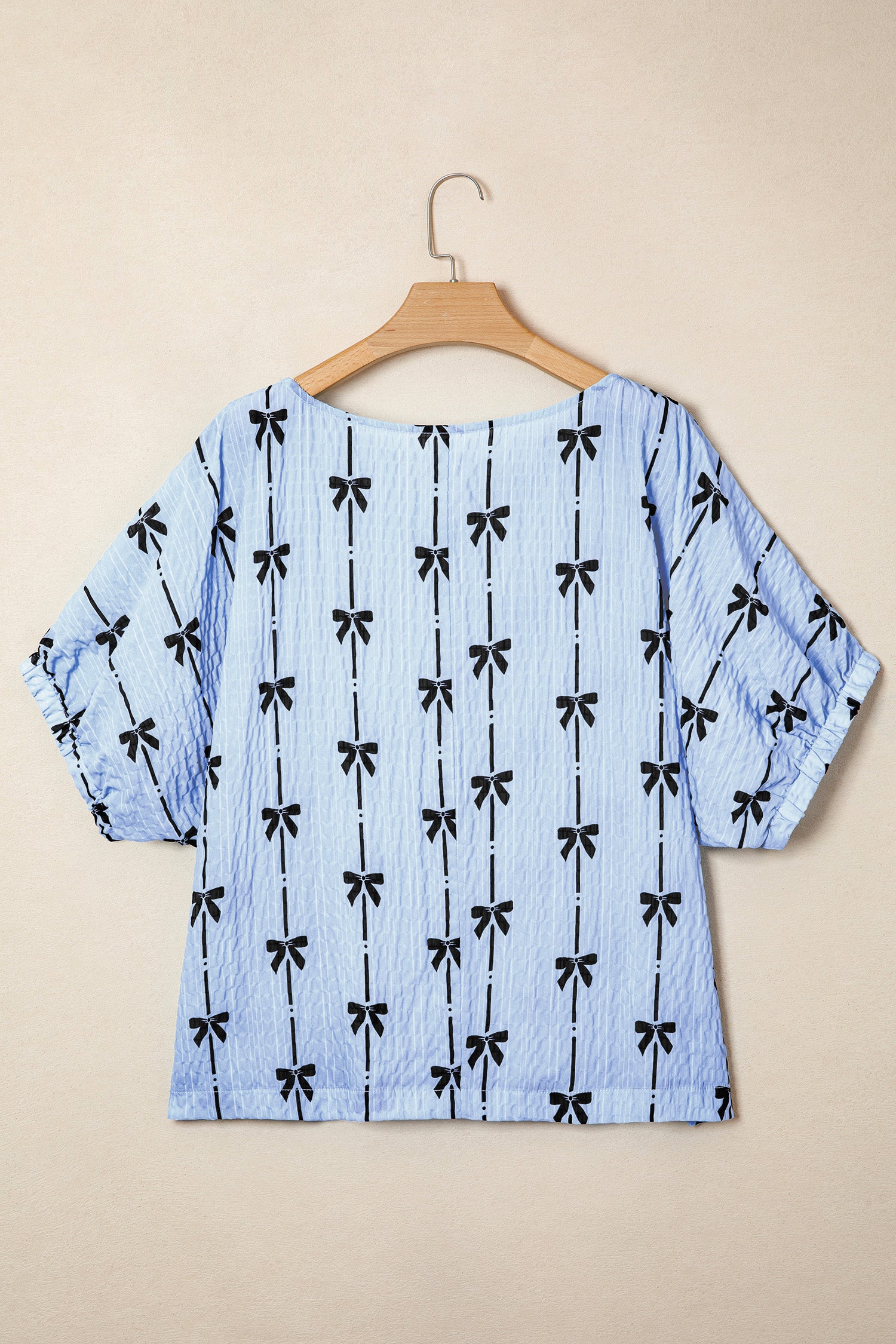 Beige Bow Print Striped Puff Short Sleeve Blouse