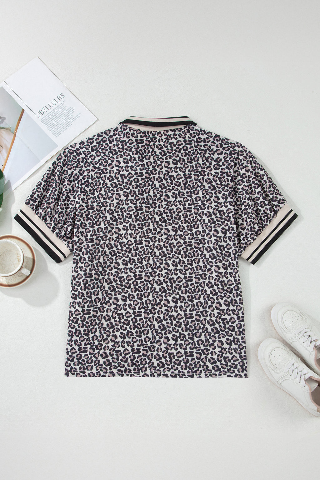 Brown Plus Size Leopard Print Striped Webbing Patchwork Half Zip Blouse
