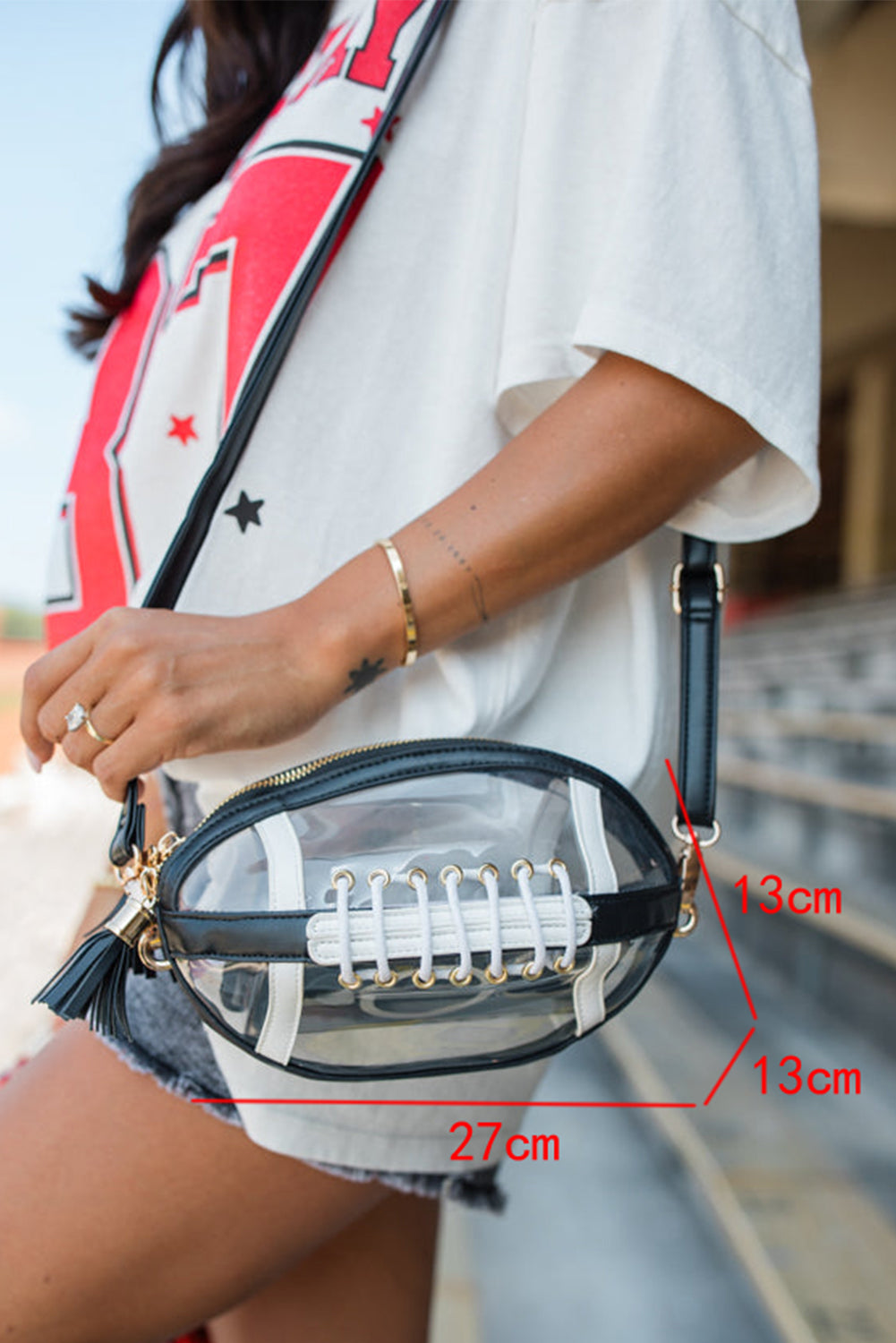 Black Football Contrast Trim Tassel Decor Clear Shoulder Bag