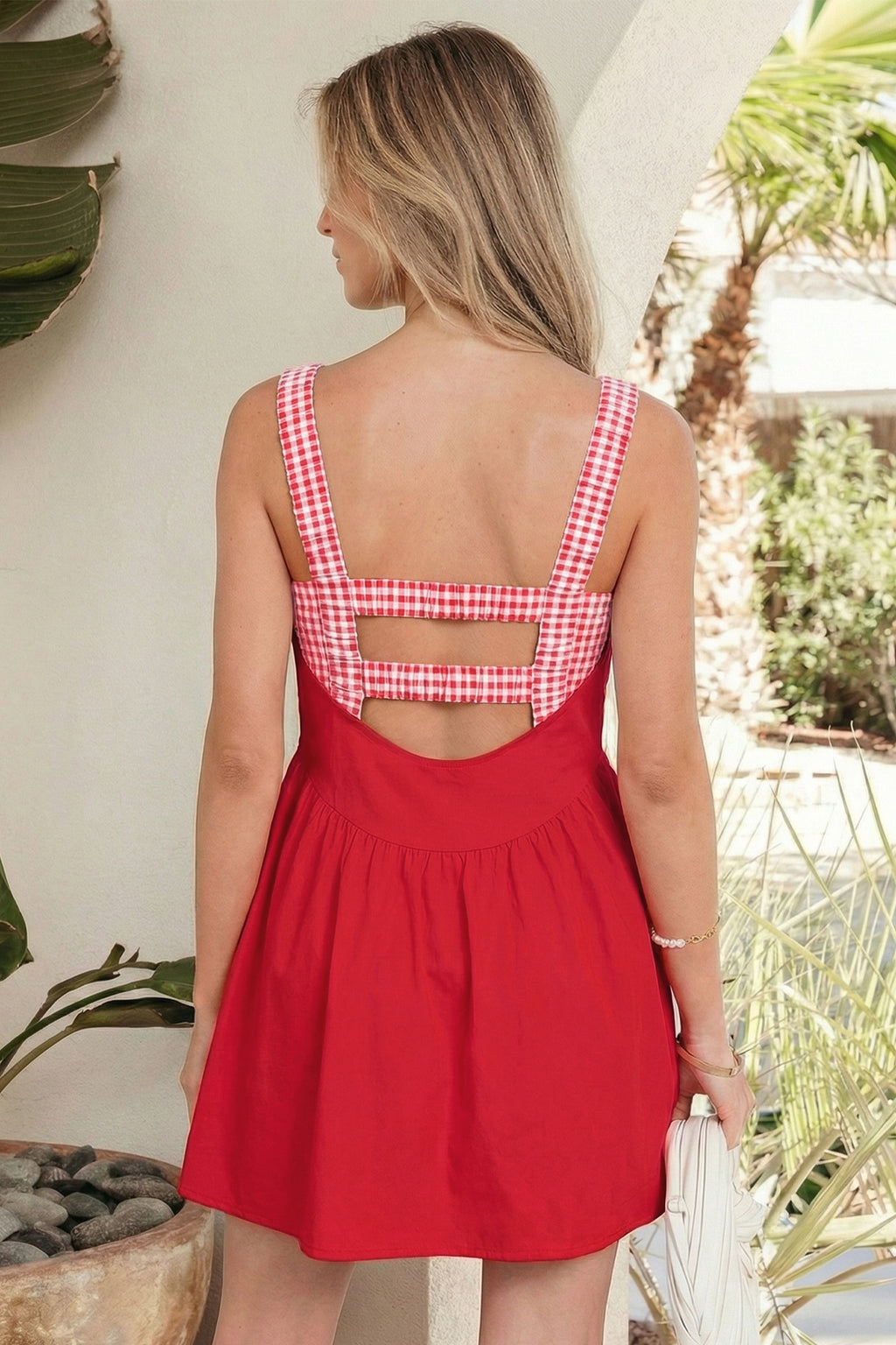 Racing Red Faux Two Piece Gingham Contrast Patchwork Loose Mini Dress