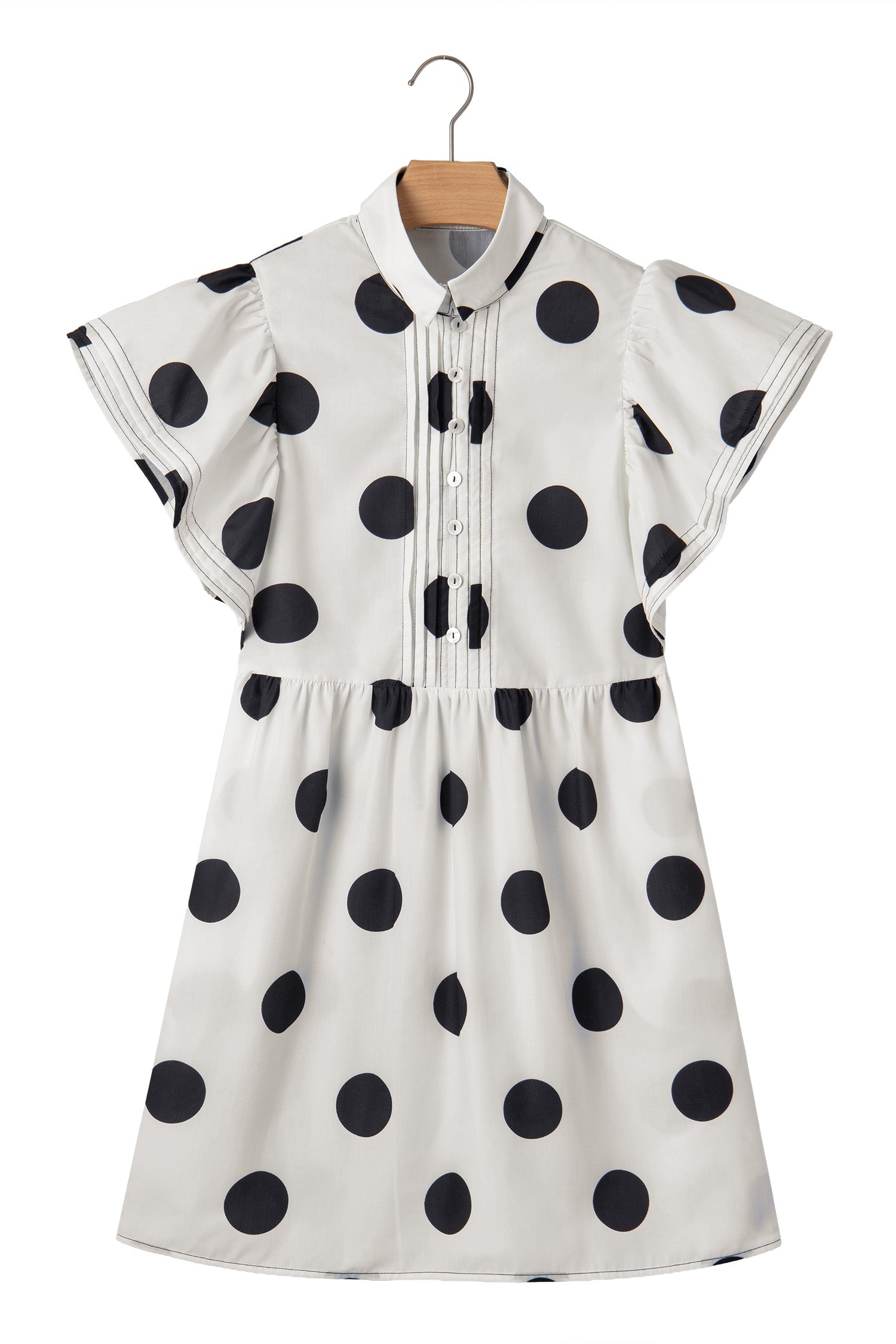White Polka Dot Print Half Button Ruffled Short Sleeve Loose Mini Dress
