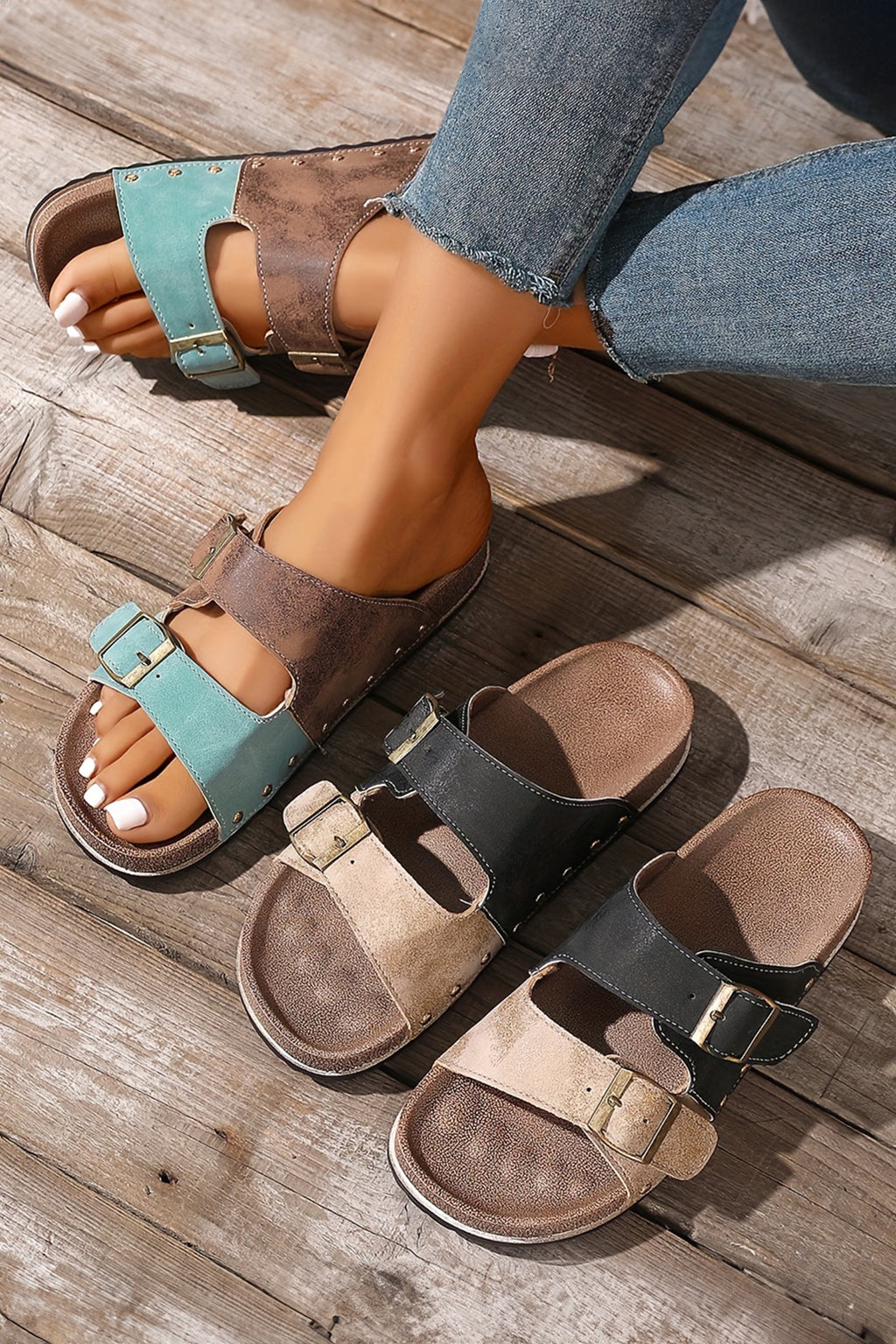 Coffee Leopard Two-tone Retro Buckle Straps Hollowed Faux Suede Slippers