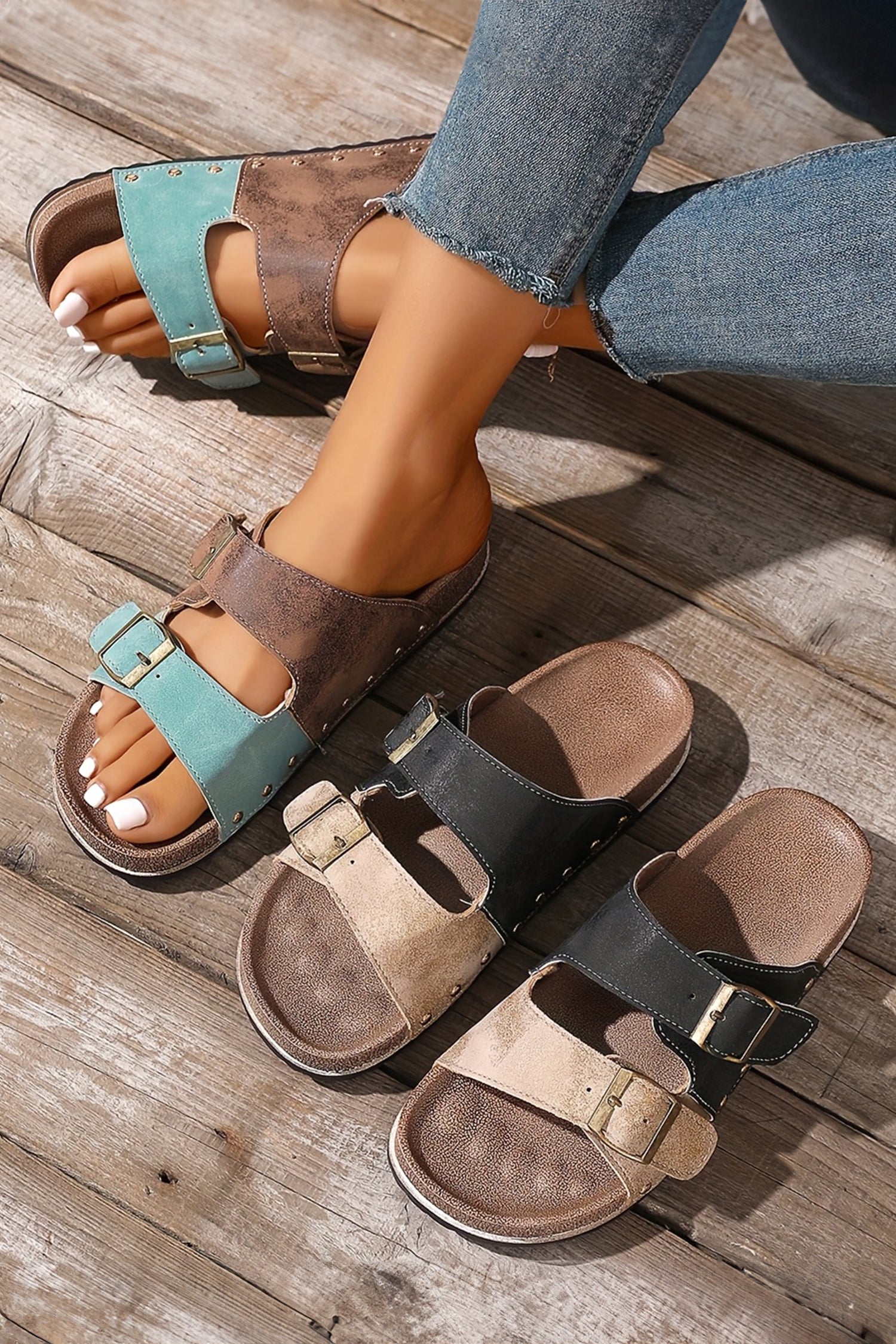Coffee Leopard Two-tone Retro Buckle Straps Hollowed Faux Suede Slippers