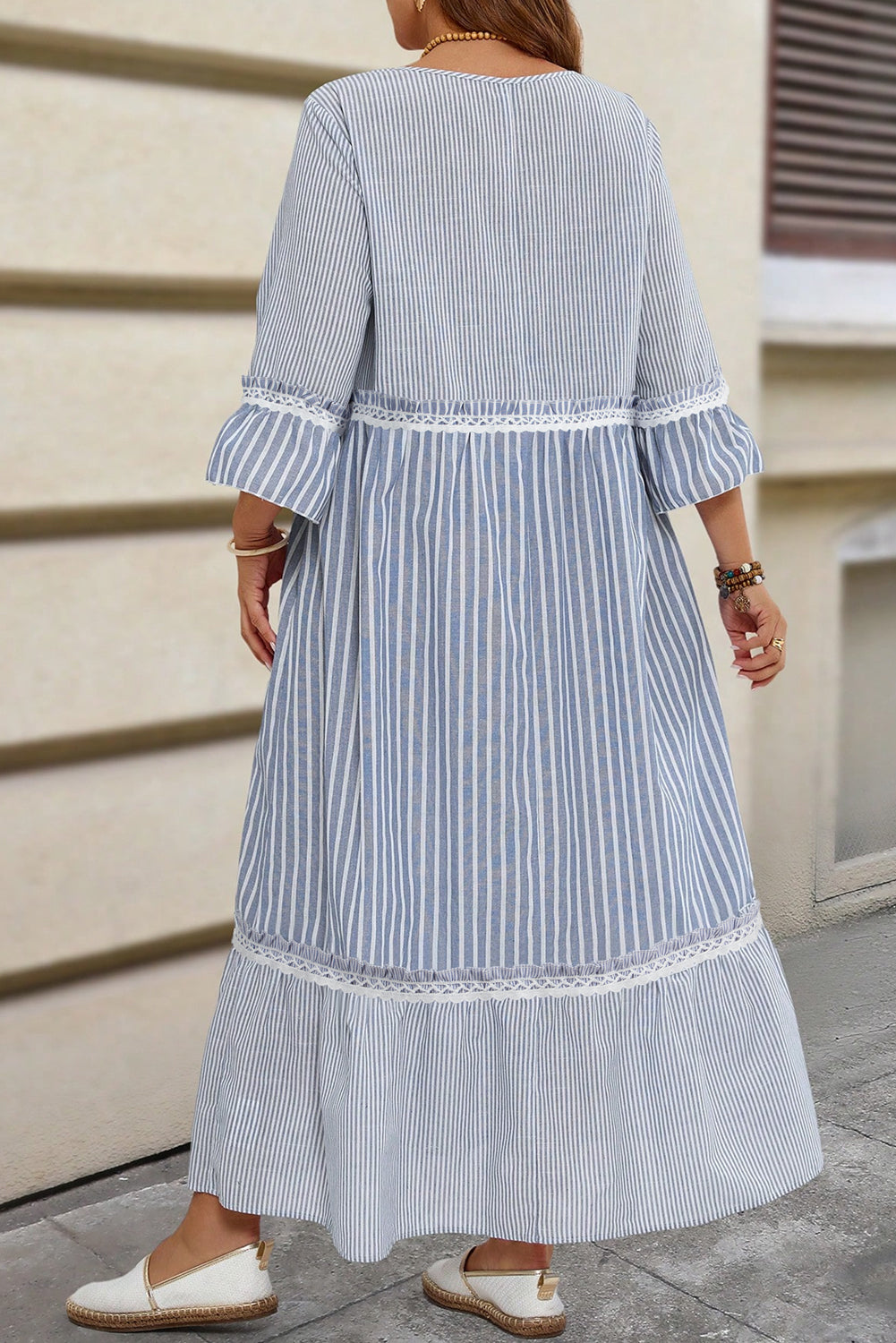 Sky Blue Crisscross Lace Detail Mixed Striped Patchwork Plus Size Dress