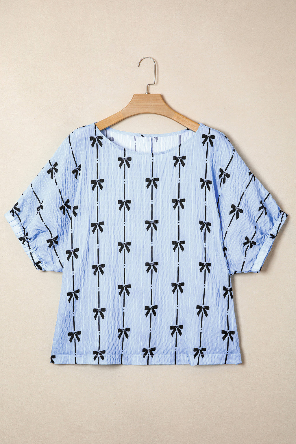 Beige Bow Print Striped Puff Short Sleeve Blouse
