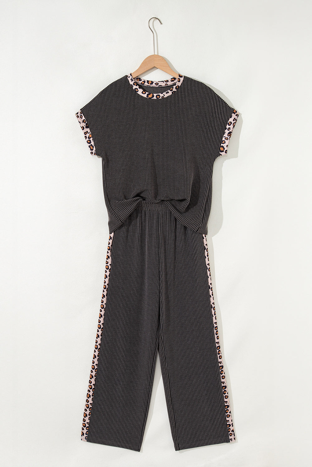 Carbon Grey Leopard Patchwork Trim Twisted Rib T Shirt and Cropped Pants Set