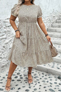 Beige Plus Size Leopard Print Frill Trim Short Sleeve Flared Dress