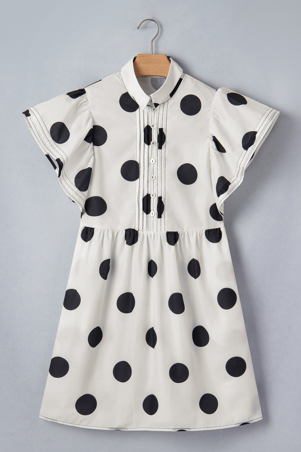White Polka Dot Print Half Button Ruffled Short Sleeve Loose Mini Dress